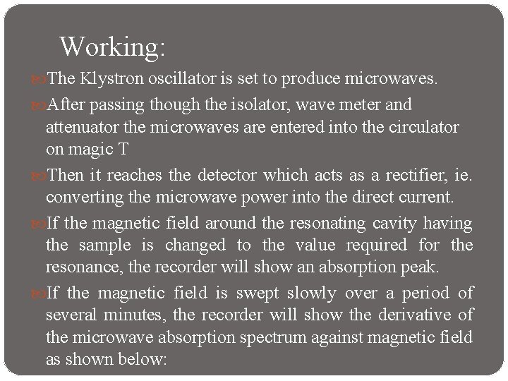 Working: The Klystron oscillator is set to produce microwaves. After passing though the isolator,