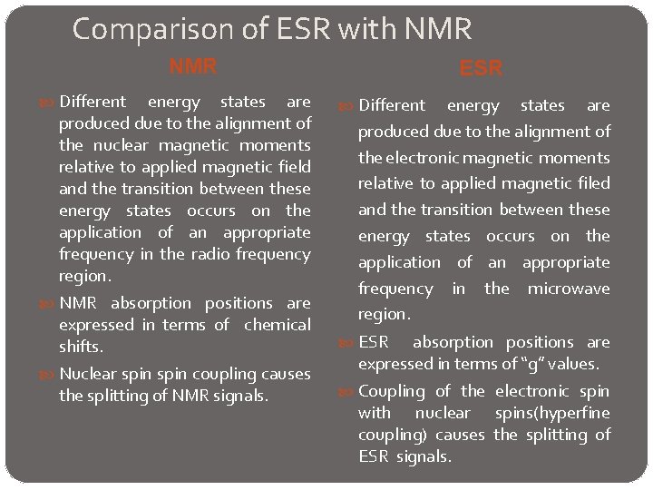Comparison of ESR with NMR Different energy states are produced due to the alignment