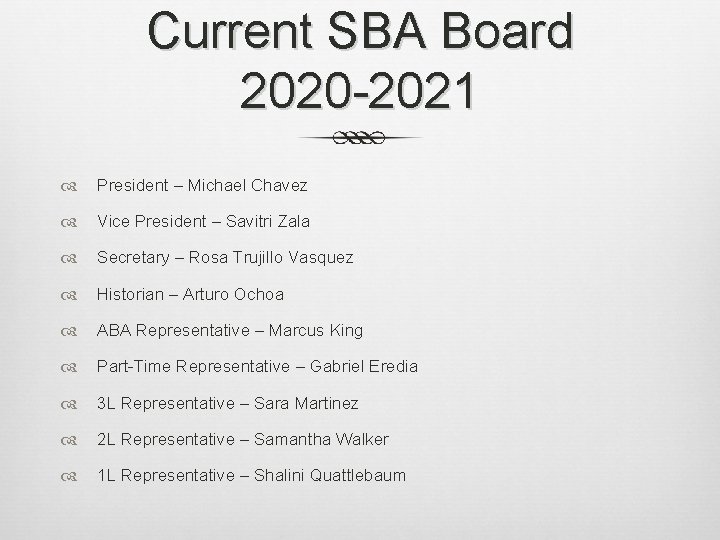 Current SBA Board 2020 -2021 President – Michael Chavez Vice President – Savitri Zala