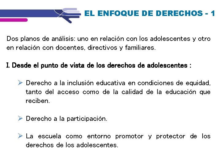 EL ENFOQUE DE DERECHOS - 1 Dos planos de análisis: uno en relación con