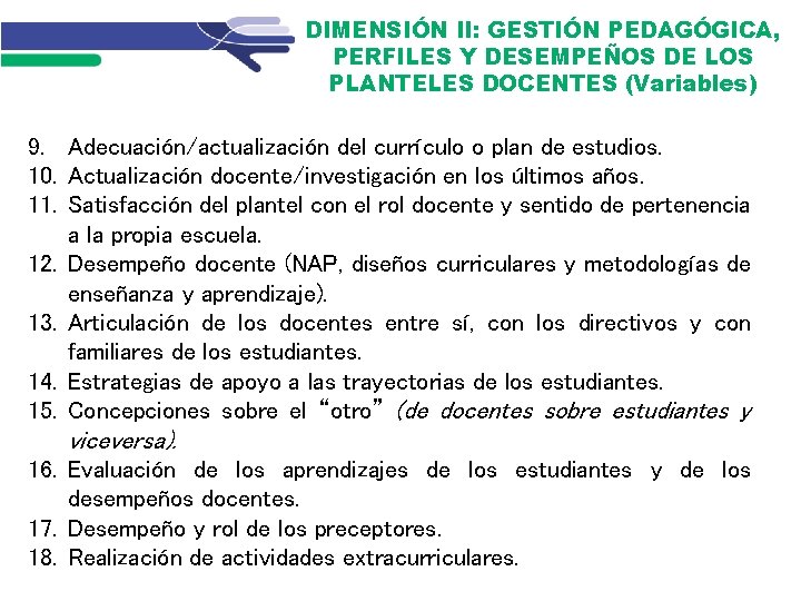 DIMENSIÓN II: GESTIÓN PEDAGÓGICA, PERFILES Y DESEMPEÑOS DE LOS PLANTELES DOCENTES (Variables) 9. Adecuación/actualización