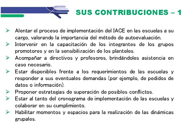 SUS CONTRIBUCIONES – 1 Alentar el proceso de implementación del IACE en las escuelas