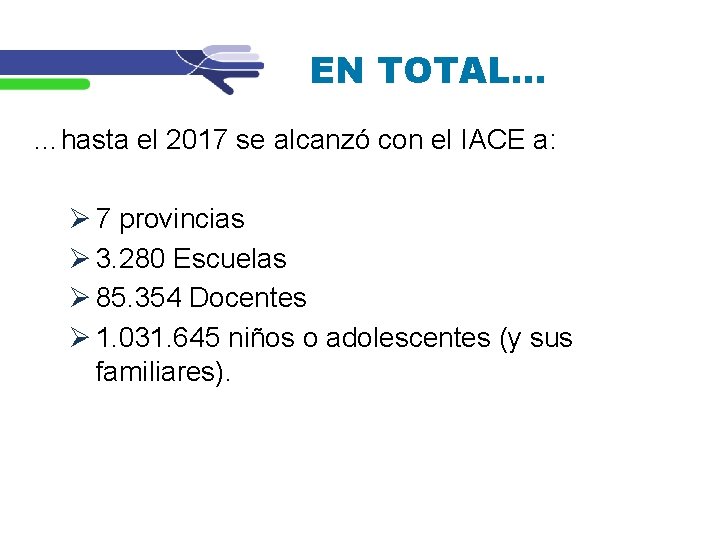 EN TOTAL… …hasta el 2017 se alcanzó con el IACE a: 7 provincias 3.