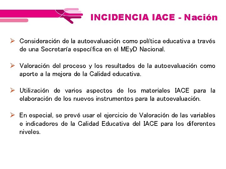 INCIDENCIA IACE - Nación Consideración de la autoevaluación como política educativa a través de