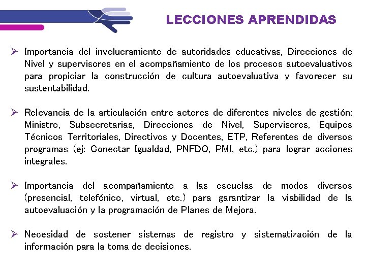 LECCIONES APRENDIDAS Importancia del involucramiento de autoridades educativas, Direcciones de Nivel y supervisores en