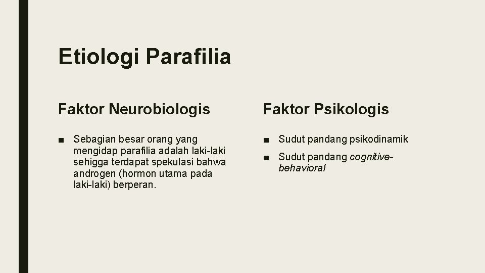 Etiologi Parafilia Faktor Neurobiologis Faktor Psikologis ■ Sebagian besar orang yang mengidap parafilia adalah