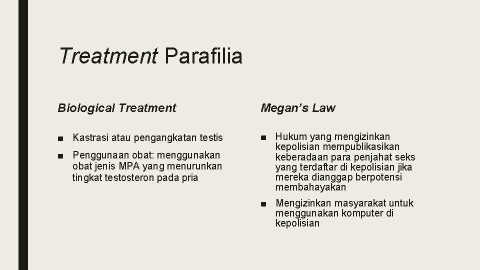 Treatment Parafilia Biological Treatment Megan’s Law ■ Kastrasi atau pengangkatan testis ■ Hukum yang