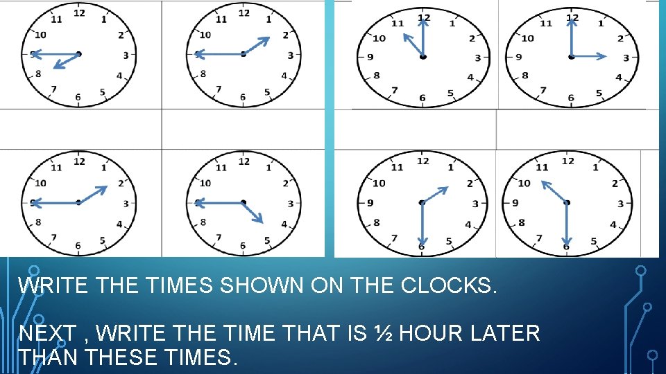 WRITE THE TIMES SHOWN ON THE CLOCKS. NEXT , WRITE THE TIME THAT IS