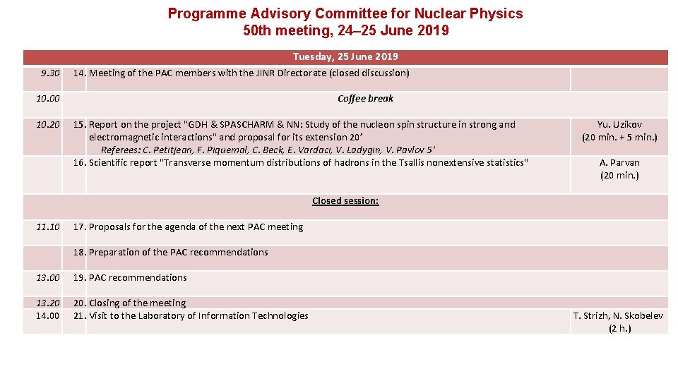 Programme Advisory Committee for Nuclear Physics 50 th meeting, 24– 25 June 2019 Tuesday,