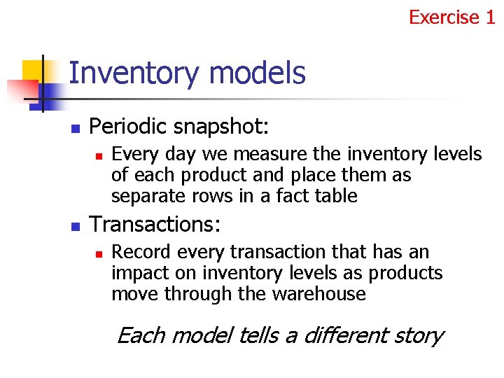 Exercise 1 Inventory models n Periodic snapshot: n n Every day we measure the