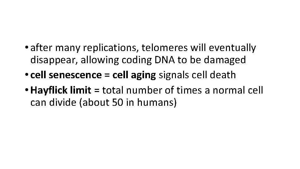  • after many replications, telomeres will eventually disappear, allowing coding DNA to be