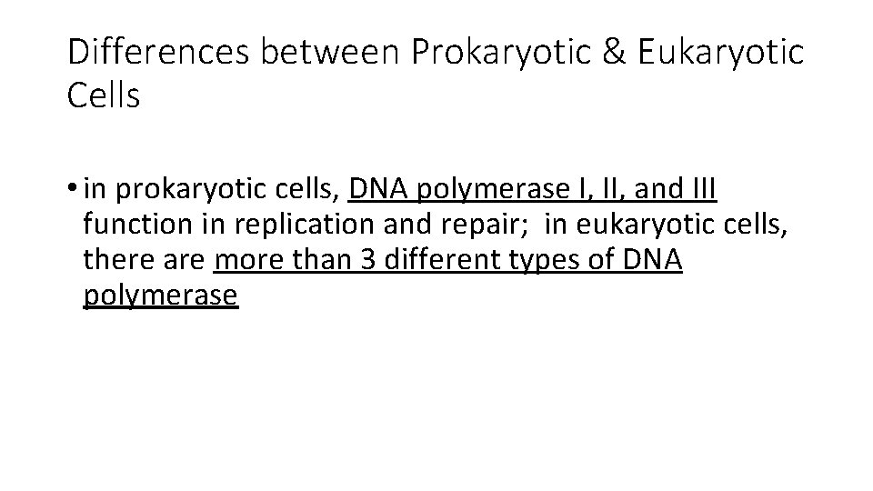 Differences between Prokaryotic & Eukaryotic Cells • in prokaryotic cells, DNA polymerase I, II,