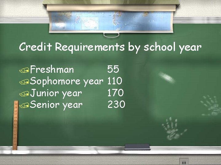 Credit Requirements by school year /Freshman 55 /Sophomore year 110 /Junior year 170 /Senior