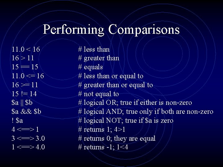 Performing Comparisons 11. 0 < 16 16 > 11 15 == 15 11. 0