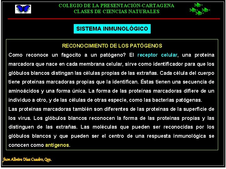 COLEGIO DE LA PRESENTACIÓN-CARTAGENA CLASES DE CIENCIAS NATURALES SISTEMA INMUNOLÓGICO RECONOCIMIENTO DE LOS PATÓGENOS