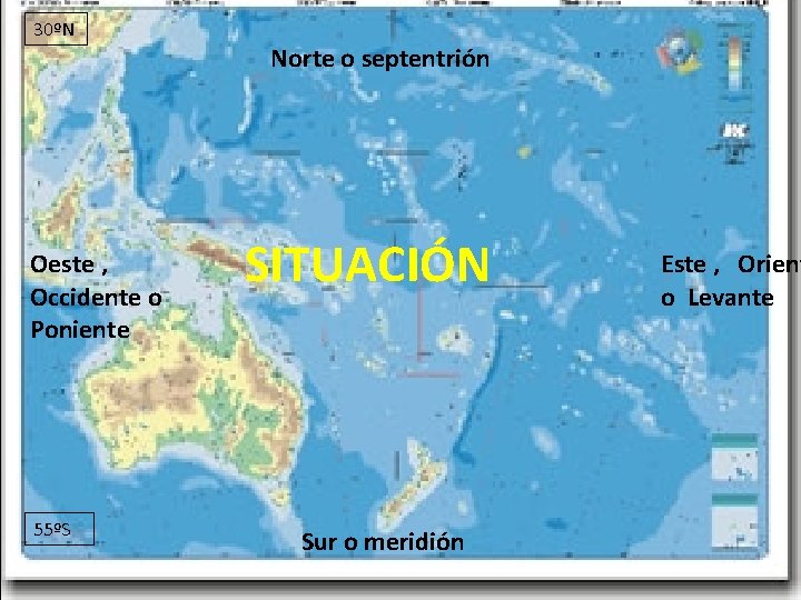 30ºN Norte o septentrión Oeste , Occidente o Poniente 55ºS SITUACIÓN Sur o meridión 30ºN Norte o septentrión Oeste , Occidente o Poniente 55ºS SITUACIÓN Sur o meridión