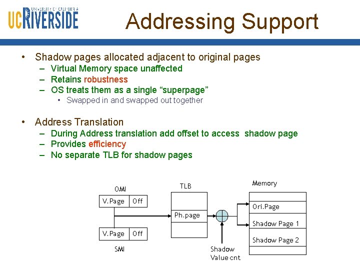 Addressing Support • Shadow pages allocated adjacent to original pages – Virtual Memory space