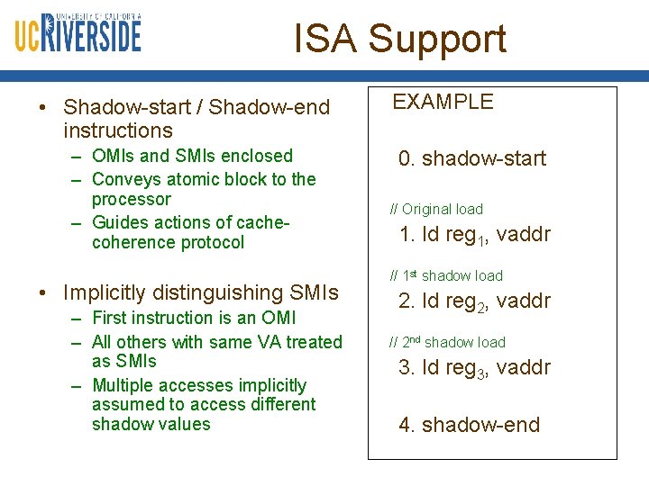 ISA Support • Shadow-start / Shadow-end instructions – OMIs and SMIs enclosed – Conveys