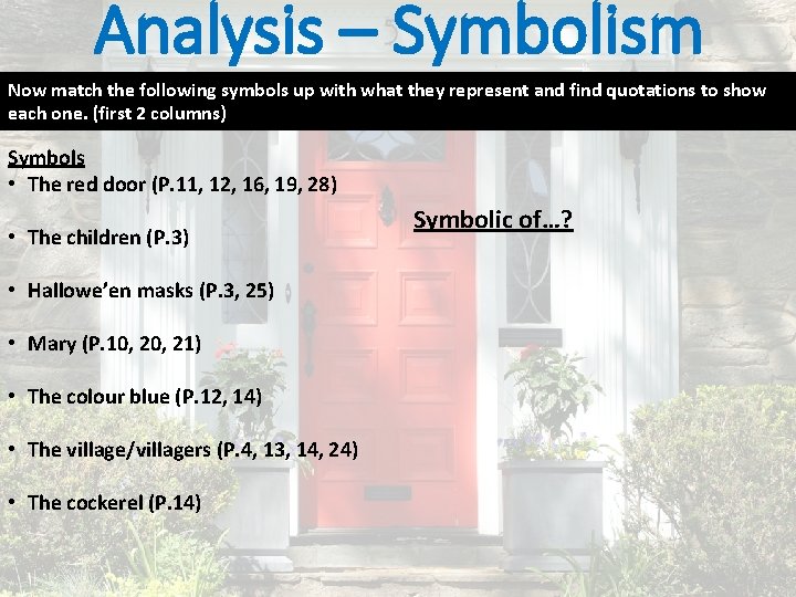 Analysis – Symbolism Now match the following symbols up with what they represent and
