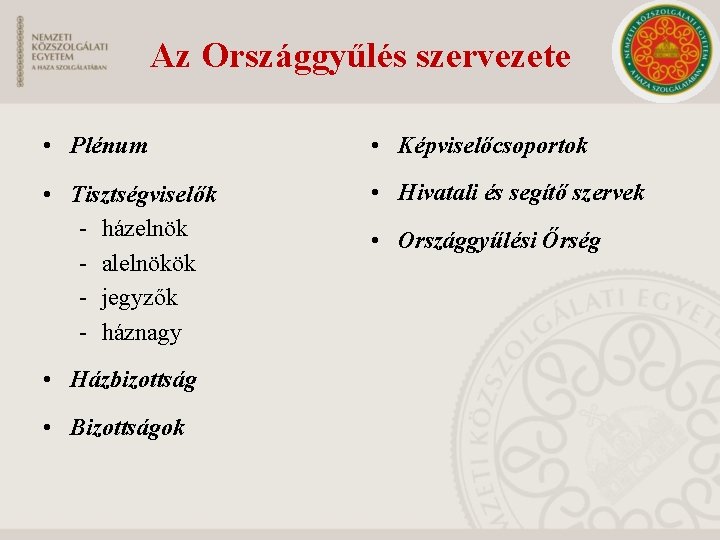 Az Országgyűlés szervezete • Plénum • Képviselőcsoportok • Tisztségviselők - házelnök - alelnökök -