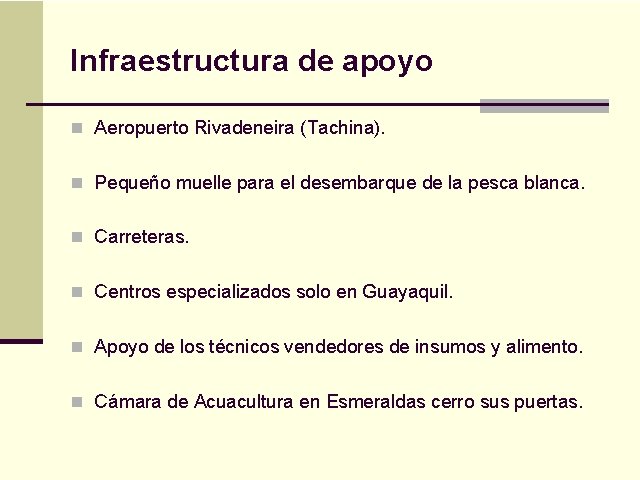 Infraestructura de apoyo n Aeropuerto Rivadeneira (Tachina). n Pequeño muelle para el desembarque de