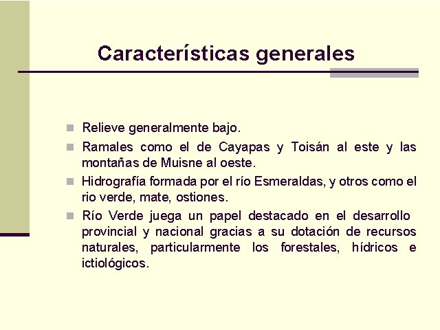 Características generales n Relieve generalmente bajo. n Ramales como el de Cayapas y Toisán