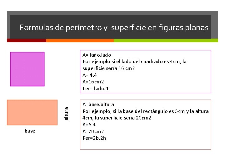 Formulas de perímetro y superficie en figuras planas altura A= lado Por ejemplo si