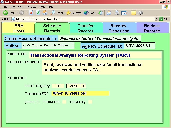 ERA Home Schedule Records Transfer Records Disposition Retrieve Records Create Record Schedule for National