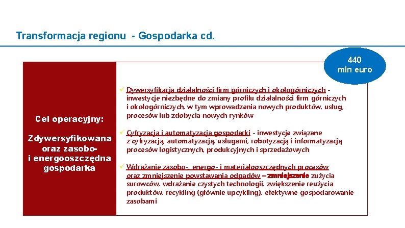 Transformacja regionu - Gospodarka cd. 440 mln euro Cel operacyjny: Dywersyfikacja działalności firm górniczych