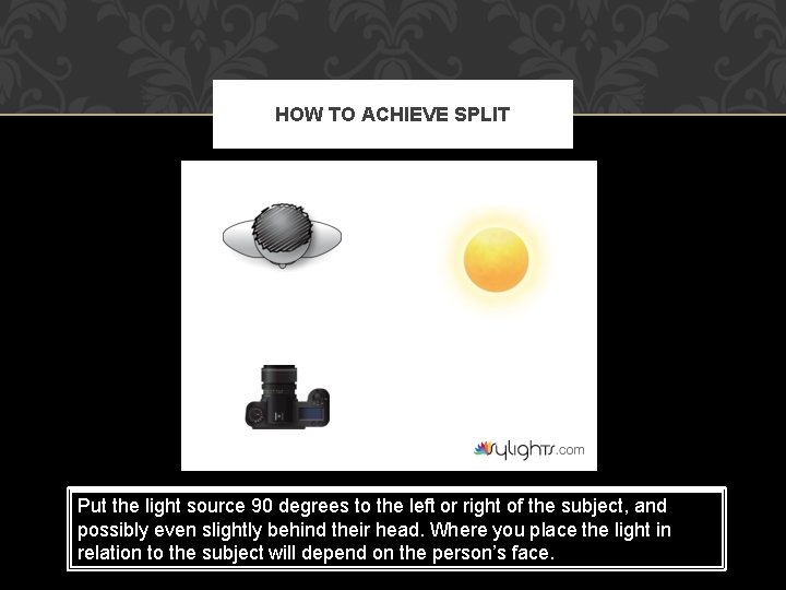 HOW TO ACHIEVE SPLIT Put the light source 90 degrees to the left or