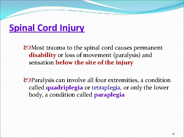 Spinal Cord Injury Most trauma to the spinal cord causes permanent disability or loss