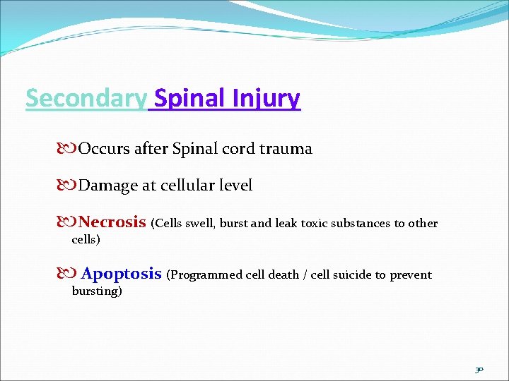 Secondary Spinal Injury Occurs after Spinal cord trauma Damage at cellular level Necrosis (Cells