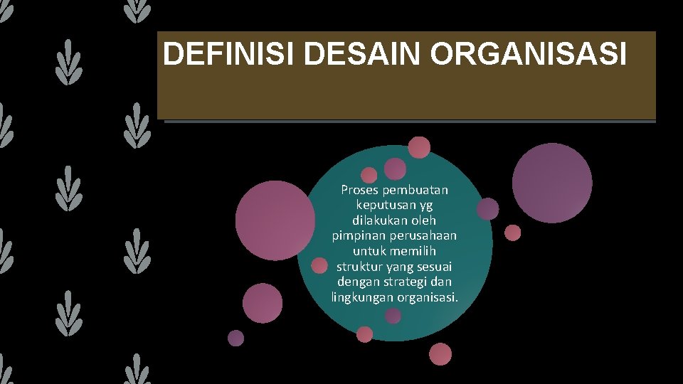 DEFINISI DESAIN ORGANISASI Proses pembuatan keputusan yg dilakukan oleh pimpinan perusahaan untuk memilih struktur