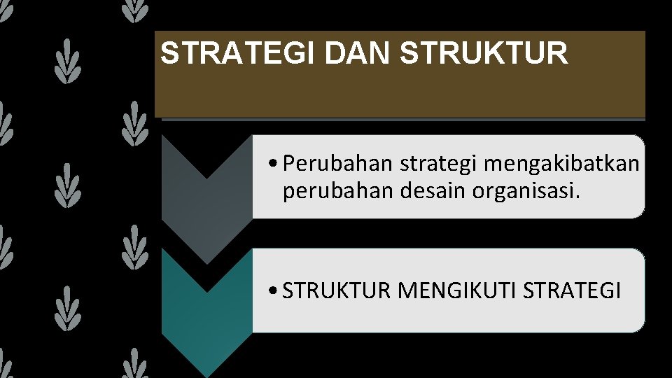 STRATEGI DAN STRUKTUR • Perubahan strategi mengakibatkan perubahan desain organisasi. • STRUKTUR MENGIKUTI STRATEGI