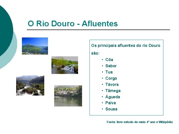 O Rio Douro - Afluentes Os principais afluentes do rio Douro são: • Côa