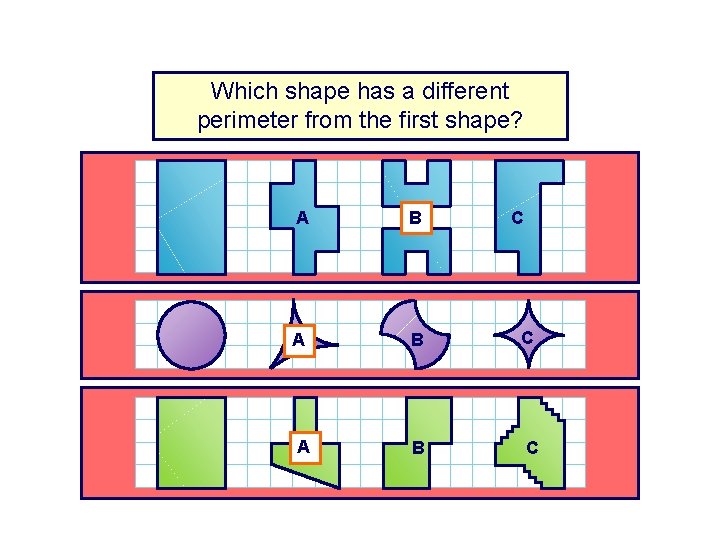 Which shape has a different perimeter from the first shape? A B C B Which shape has a different perimeter from the first shape? A B C B