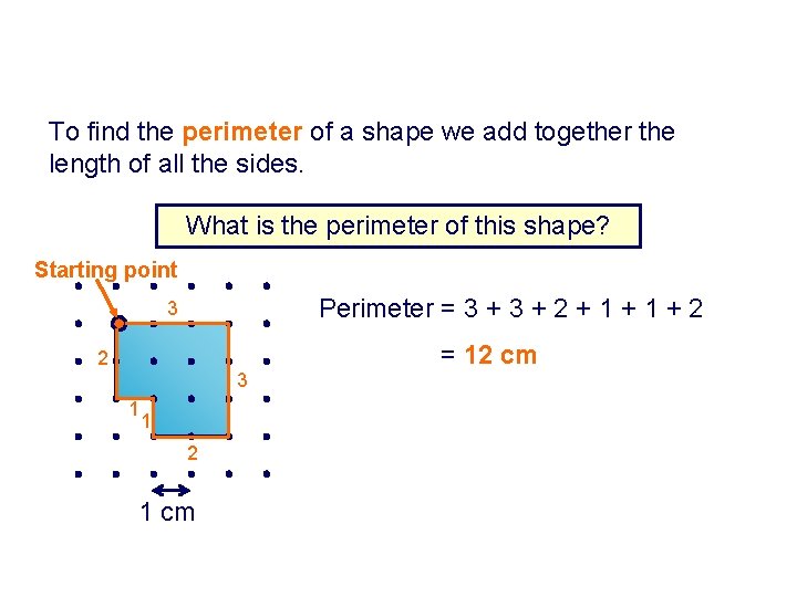 To find the perimeter of a shape we add together the length of all To find the perimeter of a shape we add together the length of all