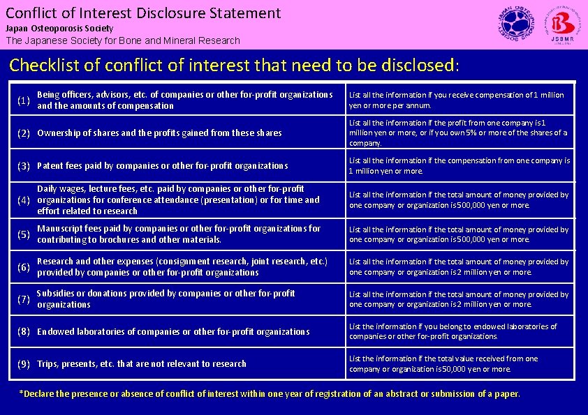 Conflict of of Interest Disclosure Statement Conflict Japan Osteoporosis Society The Japanese Society for