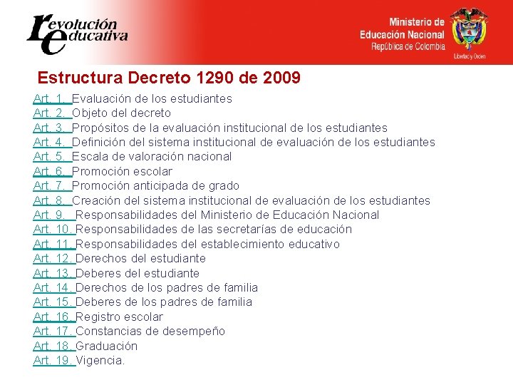 Estructura Decreto 1290 de 2009 Art. 1. Evaluación de los estudiantes Art. 2. Objeto