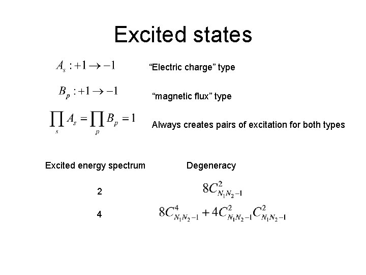 Excited states “Electric charge” type “magnetic flux” type Always creates pairs of excitation for Excited states “Electric charge” type “magnetic flux” type Always creates pairs of excitation for
