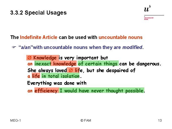 3. 3. 2 Special Usages The Indefinite Article can be used with uncountable nouns