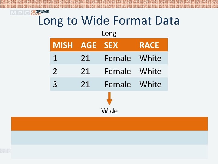 Long to Wide Format Data Long MISH 1 2 3 AGE 21 21 21