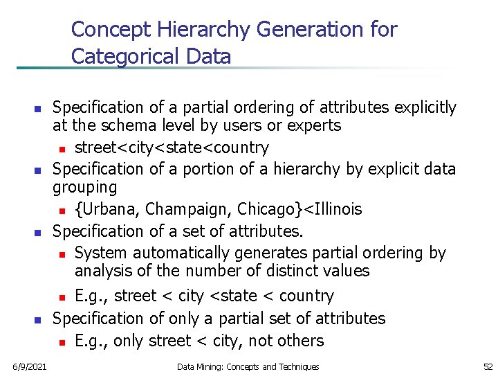 Concept Hierarchy Generation for Categorical Data n n n Specification of a partial ordering