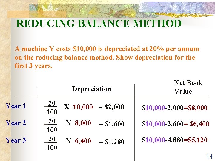 REDUCING BALANCE METHOD A machine Y costs $10, 000 is depreciated at 20% per