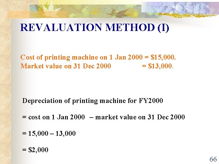 REVALUATION METHOD (I) Cost of printing machine on 1 Jan 2000 = $15, 000.