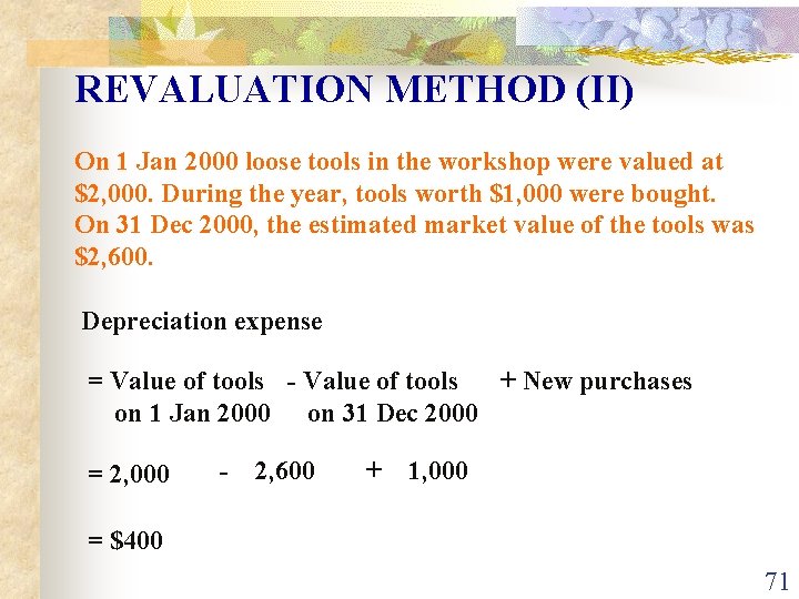 REVALUATION METHOD (II) On 1 Jan 2000 loose tools in the workshop were valued