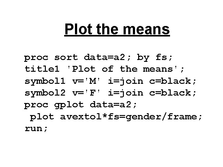 Plot the means proc sort data=a 2; by fs; title 1 'Plot of the