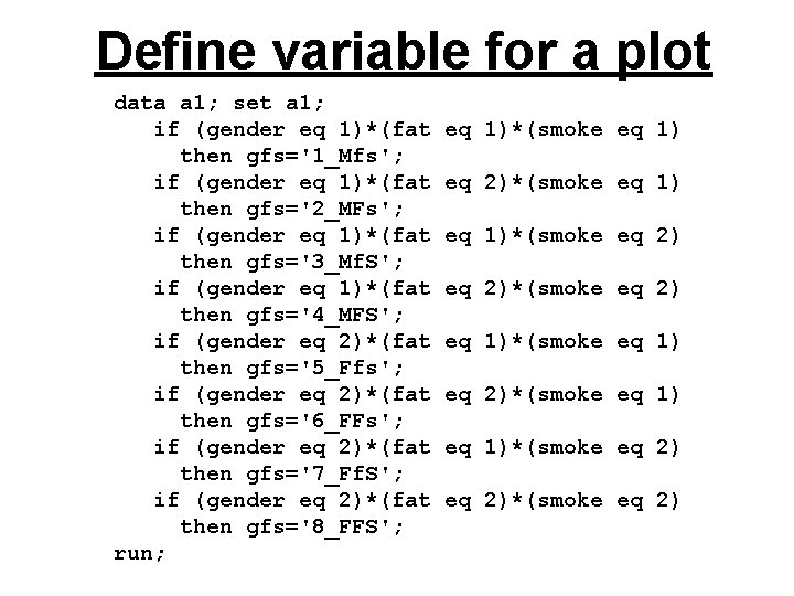 Define variable for a plot data a 1; set a 1; if (gender eq