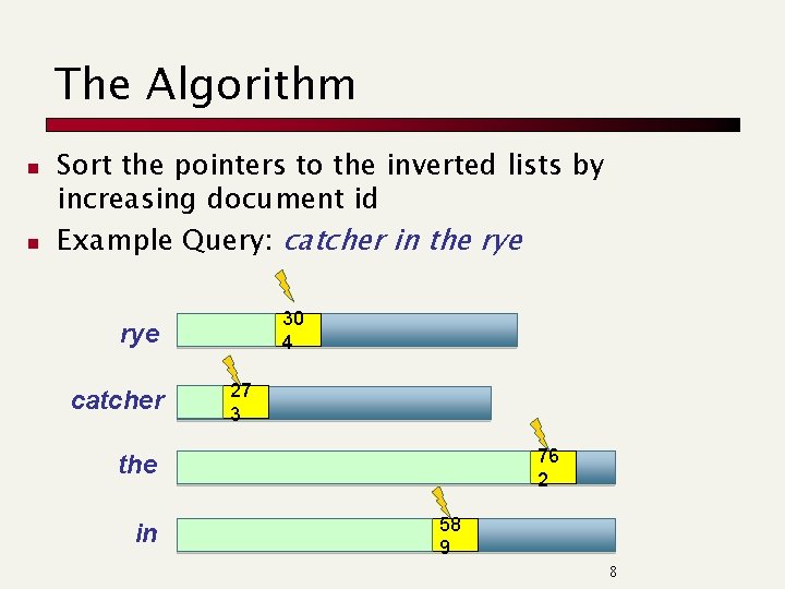 The Algorithm n n Sort the pointers to the inverted lists by increasing document