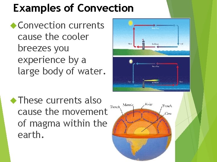 Examples of Convection currents cause the cooler breezes you experience by a large body